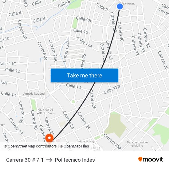 Carrera 30 # 7-1 to Politecnico Indes map