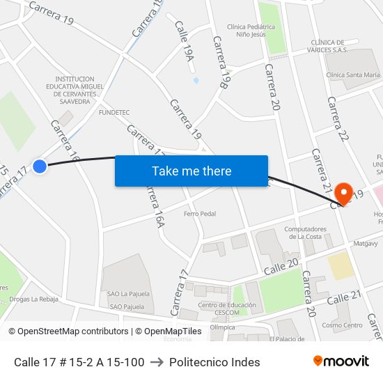 Calle 17 # 15-2 A 15-100 to Politecnico Indes map