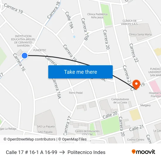 Calle 17 # 16-1 A 16-99 to Politecnico Indes map