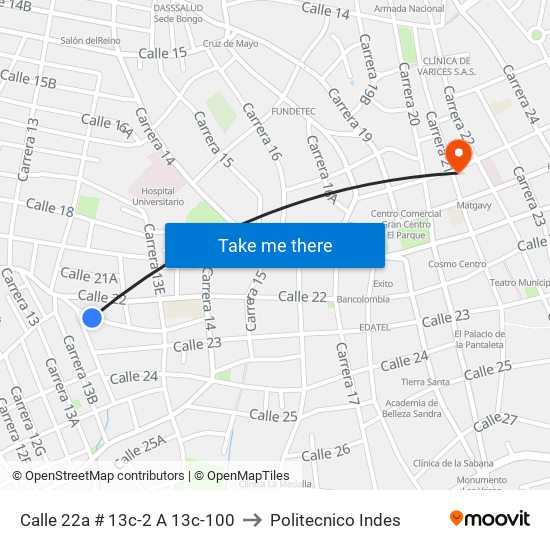 Calle 22a # 13c-2 A 13c-100 to Politecnico Indes map