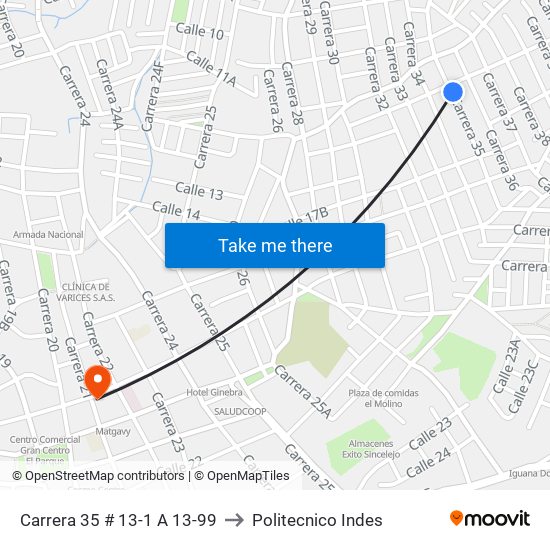 Carrera 35 # 13-1 A 13-99 to Politecnico Indes map