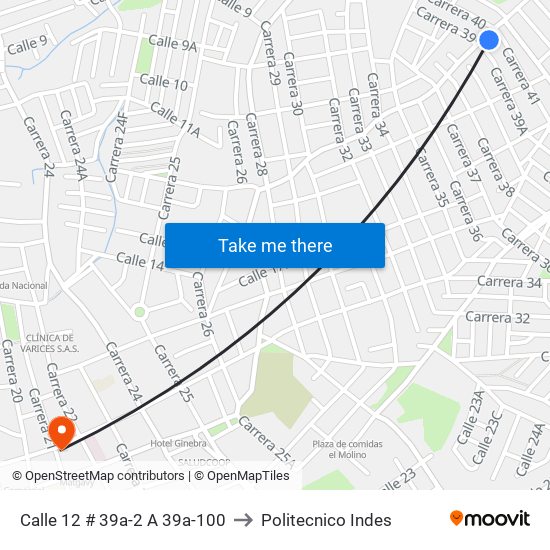 Calle 12 # 39a-2 A 39a-100 to Politecnico Indes map