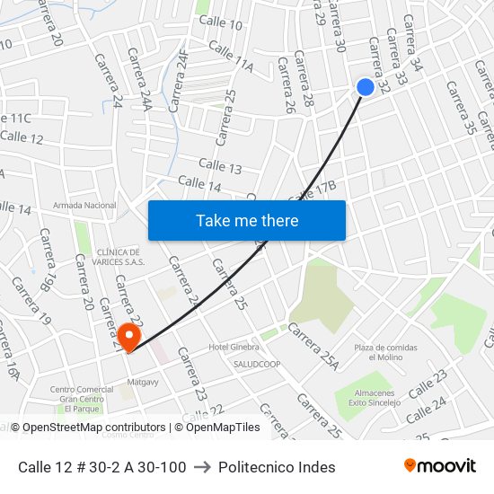 Calle 12 # 30-2 A 30-100 to Politecnico Indes map