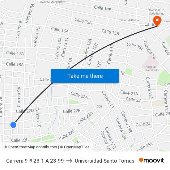 Carrera 9 # 23-1 A 23-99 to Universidad Santo Tomas map