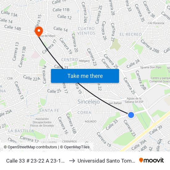 Calle 33 # 23-22 A 23-100 to Universidad Santo Tomas map