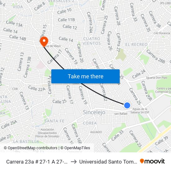 Carrera 23a # 27-1 A 27-99 to Universidad Santo Tomas map