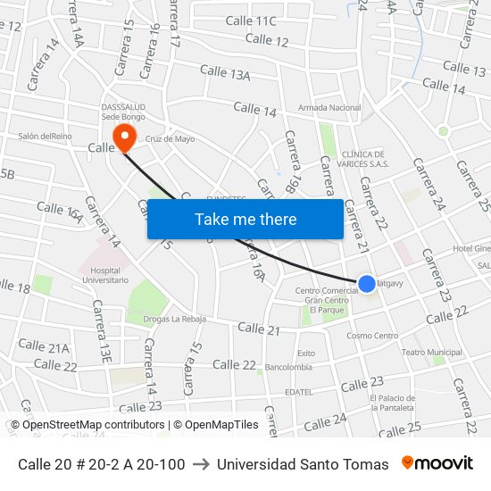 Calle 20 # 20-2 A 20-100 to Universidad Santo Tomas map