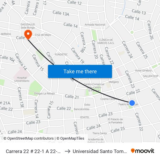 Carrera 22 # 22-1 A 22-99 to Universidad Santo Tomas map