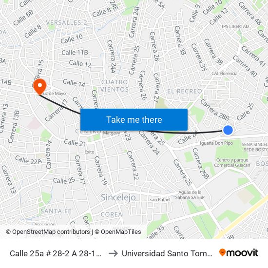 Calle 25a # 28-2 A 28-100 to Universidad Santo Tomas map