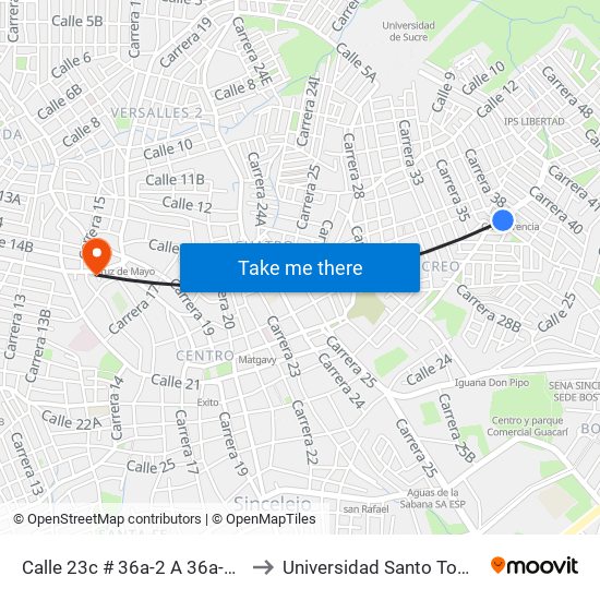 Calle 23c # 36a-2 A 36a-100 to Universidad Santo Tomas map