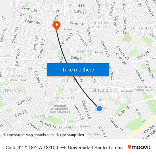 Calle 32 # 18-2 A 18-100 to Universidad Santo Tomas map