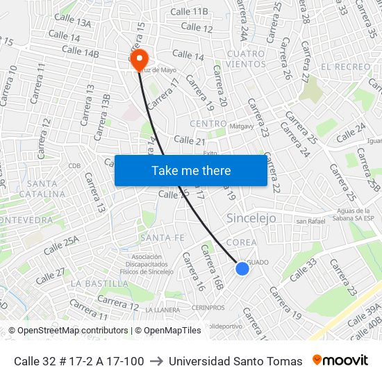 Calle 32 # 17-2 A 17-100 to Universidad Santo Tomas map