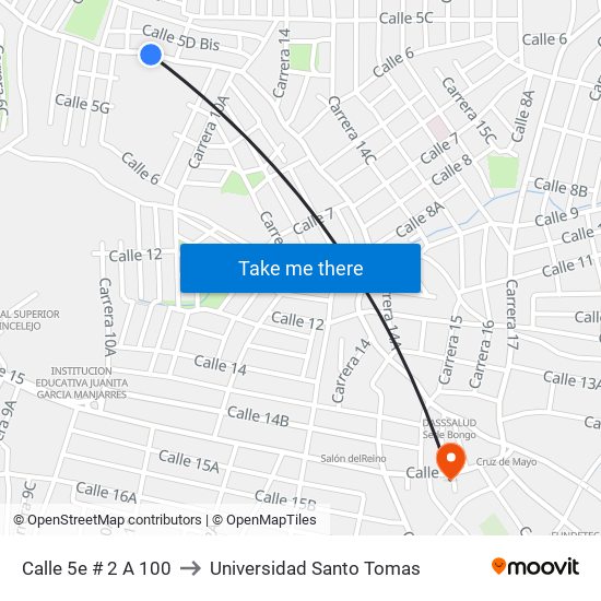 Calle 5e # 2 A 100 to Universidad Santo Tomas map