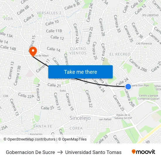 Gobernacion De Sucre to Universidad Santo Tomas map