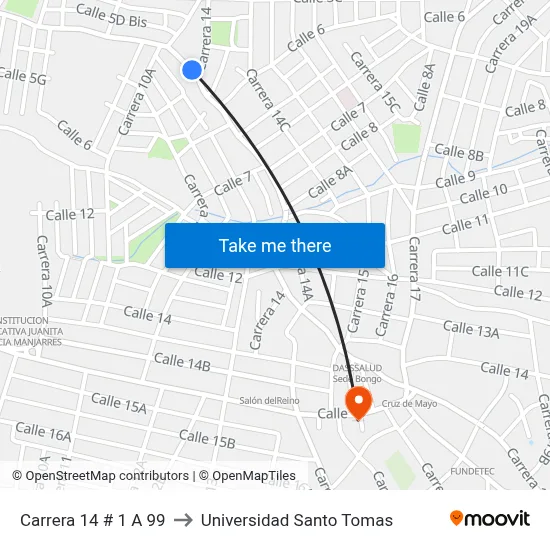 Carrera 14 # 1 A 99 to Universidad Santo Tomas map