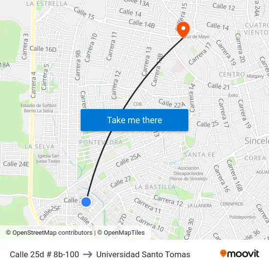 Calle 25d # 8b-100 to Universidad Santo Tomas map