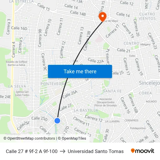 Calle 27 # 9f-2 A 9f-100 to Universidad Santo Tomas map