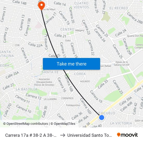 Carrera 17a # 38-2 A 38-100 to Universidad Santo Tomas map