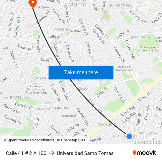 Calle 41 # 2 A 100 to Universidad Santo Tomas map