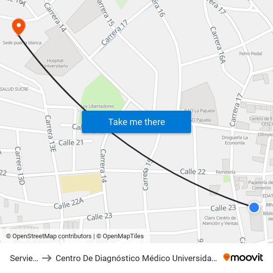 Servientrega to Centro De Diagnóstico Médico Universidad De Sucre Sede Puerta Blanca map