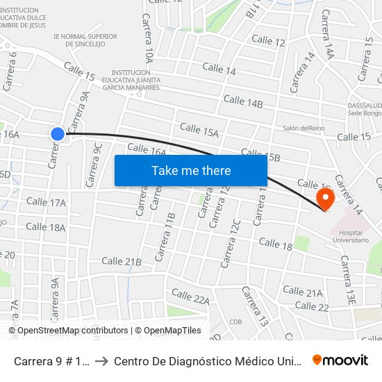 Carrera 9 # 15e-2 A 15e-100 to Centro De Diagnóstico Médico Universidad De Sucre Sede Puerta Blanca map