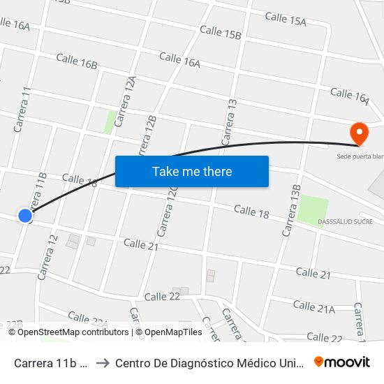 Carrera 11b # 18-2 A 18-100 to Centro De Diagnóstico Médico Universidad De Sucre Sede Puerta Blanca map