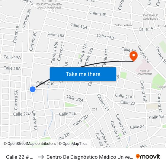 Calle 22 # 10-2 A 10-100 to Centro De Diagnóstico Médico Universidad De Sucre Sede Puerta Blanca map