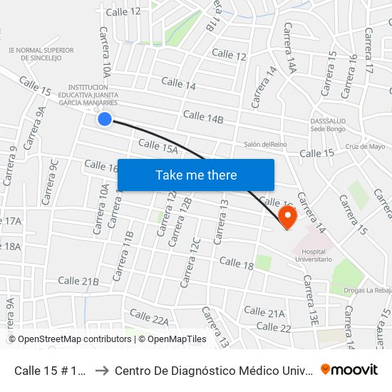 Calle 15 # 10a-2 A 10a-100 to Centro De Diagnóstico Médico Universidad De Sucre Sede Puerta Blanca map