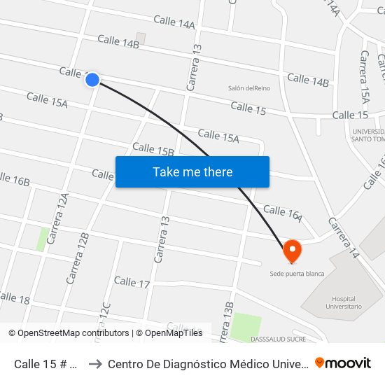 Calle 15 # 12-2 A 12-100 to Centro De Diagnóstico Médico Universidad De Sucre Sede Puerta Blanca map