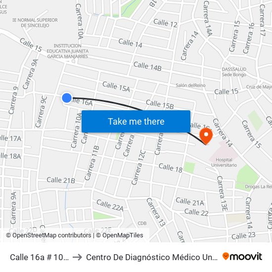 Calle 16a # 10bis-2 A 10bis-100 to Centro De Diagnóstico Médico Universidad De Sucre Sede Puerta Blanca map