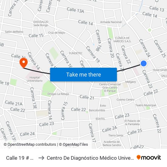 Calle 19 # 23-2 A 23-100 to Centro De Diagnóstico Médico Universidad De Sucre Sede Puerta Blanca map