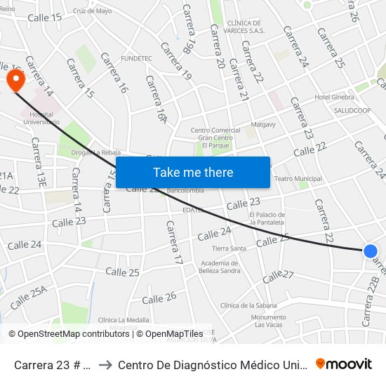 Carrera 23 # 25a-2 A 25a-100 to Centro De Diagnóstico Médico Universidad De Sucre Sede Puerta Blanca map