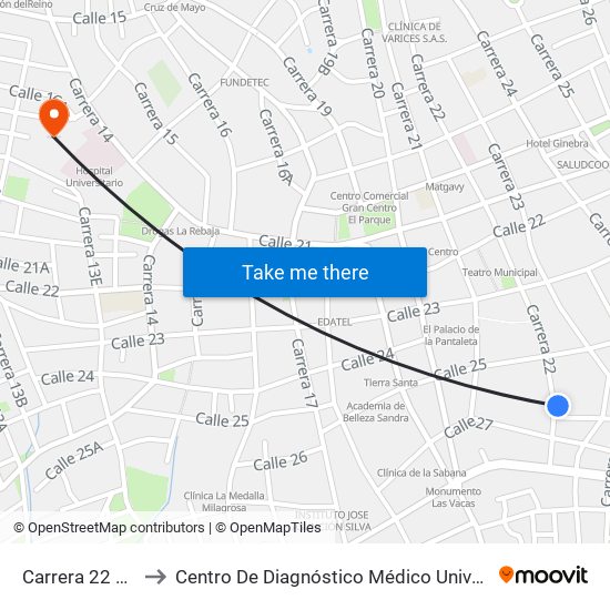 Carrera 22 # 25-1 A 25-99 to Centro De Diagnóstico Médico Universidad De Sucre Sede Puerta Blanca map