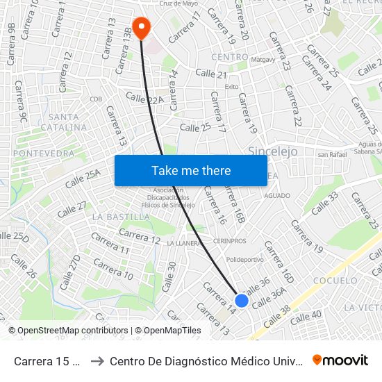 Carrera 15 # 36-1 A 36-99 to Centro De Diagnóstico Médico Universidad De Sucre Sede Puerta Blanca map