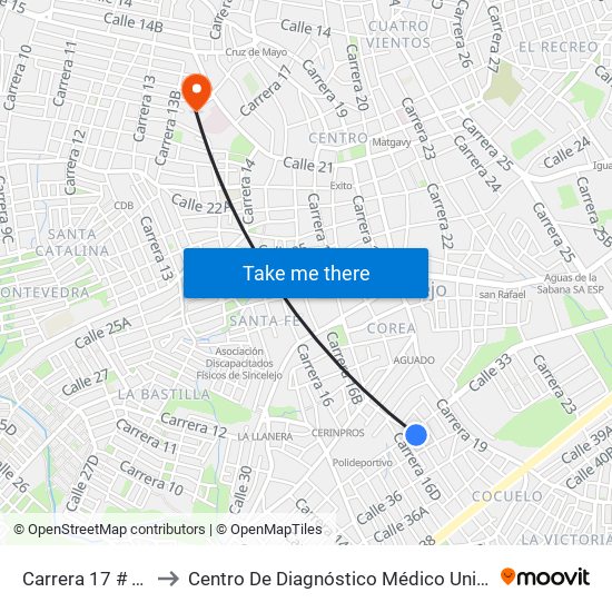 Carrera 17 # 33b-2 A 33b-100 to Centro De Diagnóstico Médico Universidad De Sucre Sede Puerta Blanca map