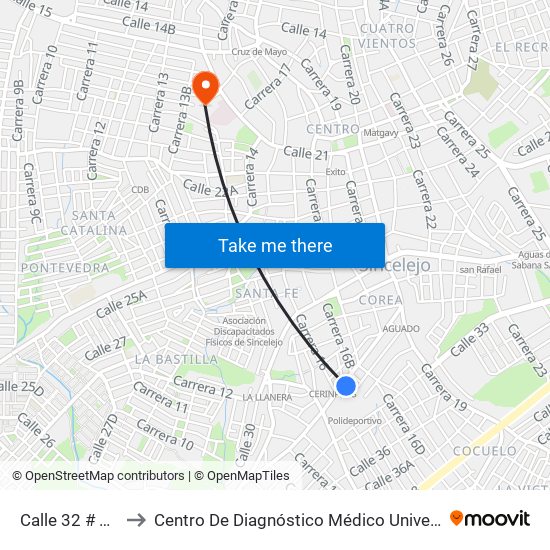 Calle 32 # 16-2 A 16-100 to Centro De Diagnóstico Médico Universidad De Sucre Sede Puerta Blanca map