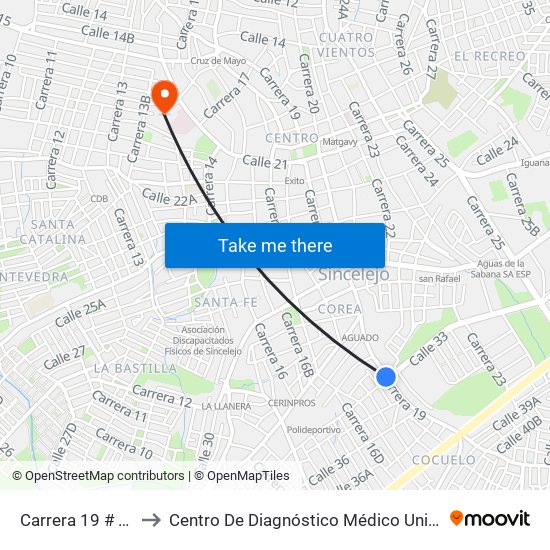 Carrera 19 # 33b-2 A 33b-100 to Centro De Diagnóstico Médico Universidad De Sucre Sede Puerta Blanca map