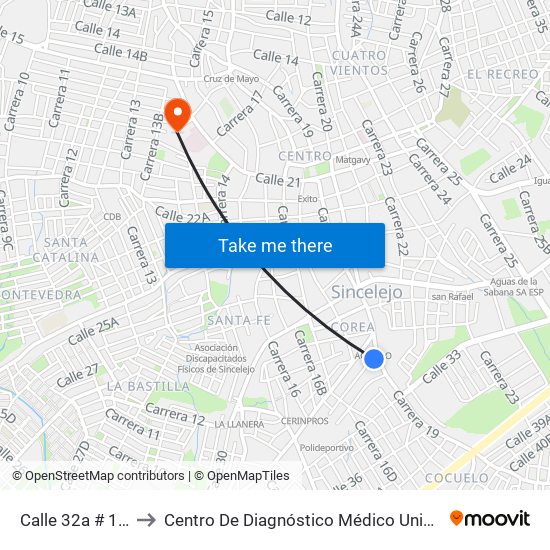 Calle 32a # 18a-2 A 18a-100 to Centro De Diagnóstico Médico Universidad De Sucre Sede Puerta Blanca map