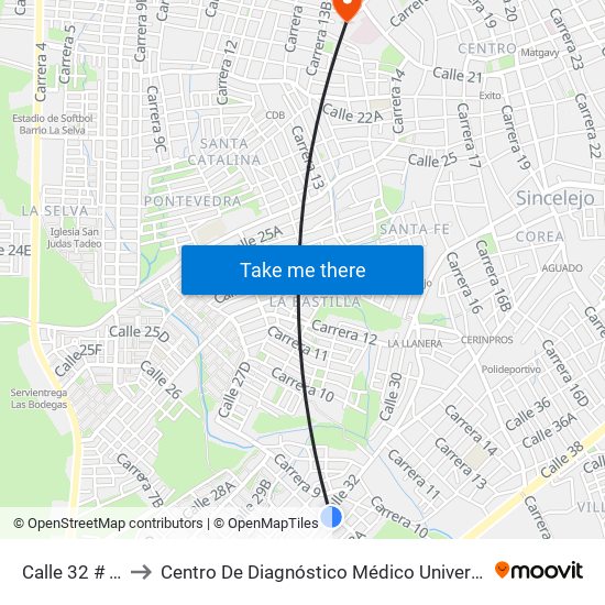 Calle 32 # 8-2 A 8-100 to Centro De Diagnóstico Médico Universidad De Sucre Sede Puerta Blanca map