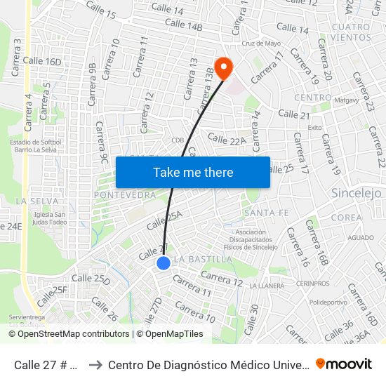 Calle 27 # 10-2 A 10-100 to Centro De Diagnóstico Médico Universidad De Sucre Sede Puerta Blanca map