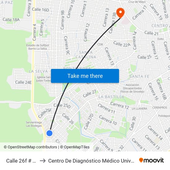 Calle 26f # 4b-2 A 4b-100 to Centro De Diagnóstico Médico Universidad De Sucre Sede Puerta Blanca map