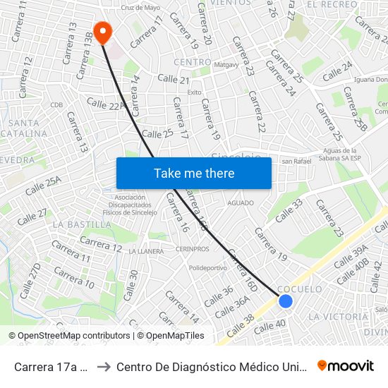 Carrera 17a # 38-2 A 38-100 to Centro De Diagnóstico Médico Universidad De Sucre Sede Puerta Blanca map