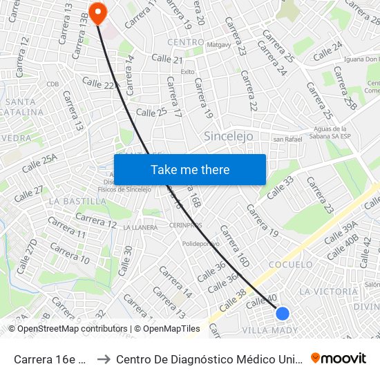 Carrera 16e # 40c-1 A 40c-99 to Centro De Diagnóstico Médico Universidad De Sucre Sede Puerta Blanca map