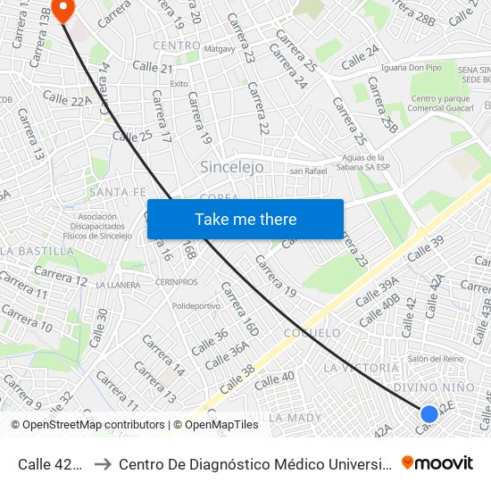 Calle 42e # 1 A 99 to Centro De Diagnóstico Médico Universidad De Sucre Sede Puerta Blanca map