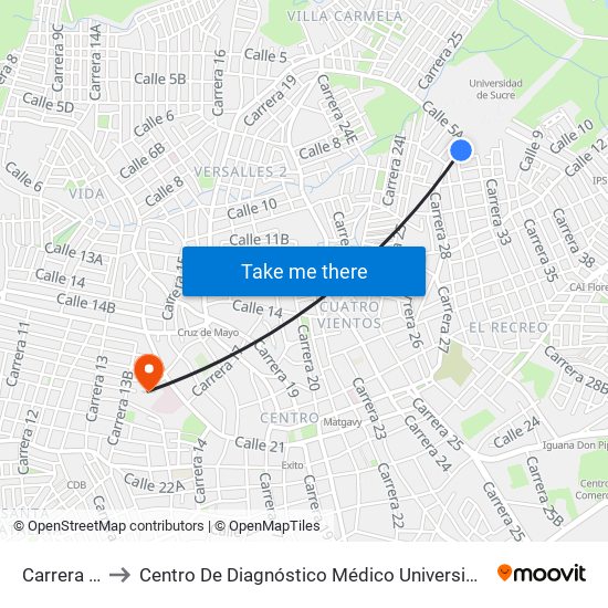 Carrera 30 # 7-1 to Centro De Diagnóstico Médico Universidad De Sucre Sede Puerta Blanca map