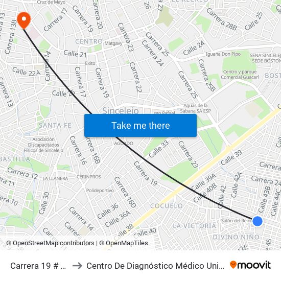 Carrera 19 # 43b-2 A 43b-100 to Centro De Diagnóstico Médico Universidad De Sucre Sede Puerta Blanca map