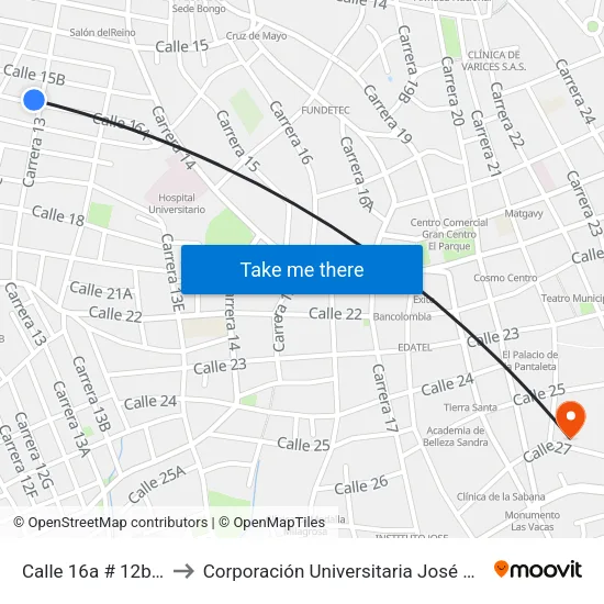 Calle 16a # 12b-1 A 12b-99 to Corporación Universitaria José De Sucre - Corposucre map