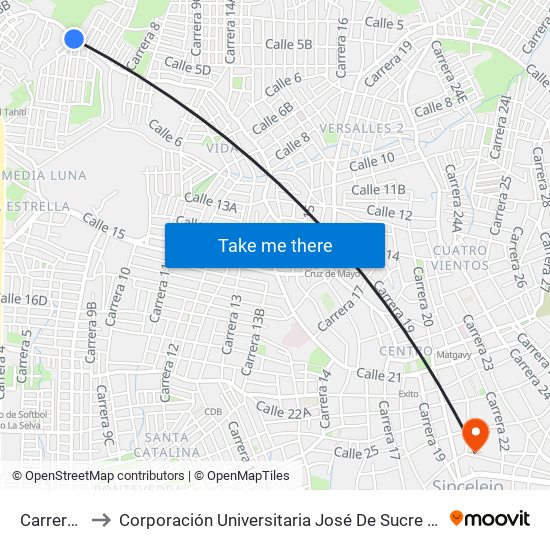 Carrera 14 to Corporación Universitaria José De Sucre - Corposucre map