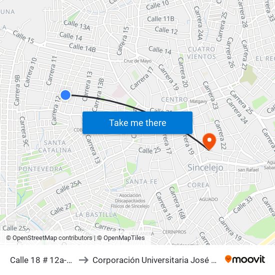 Calle 18 # 12a-2 A 12a-100 to Corporación Universitaria José De Sucre - Corposucre map