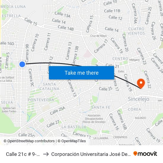 Calle 21c # 9-2 A 9-100 to Corporación Universitaria José De Sucre - Corposucre map